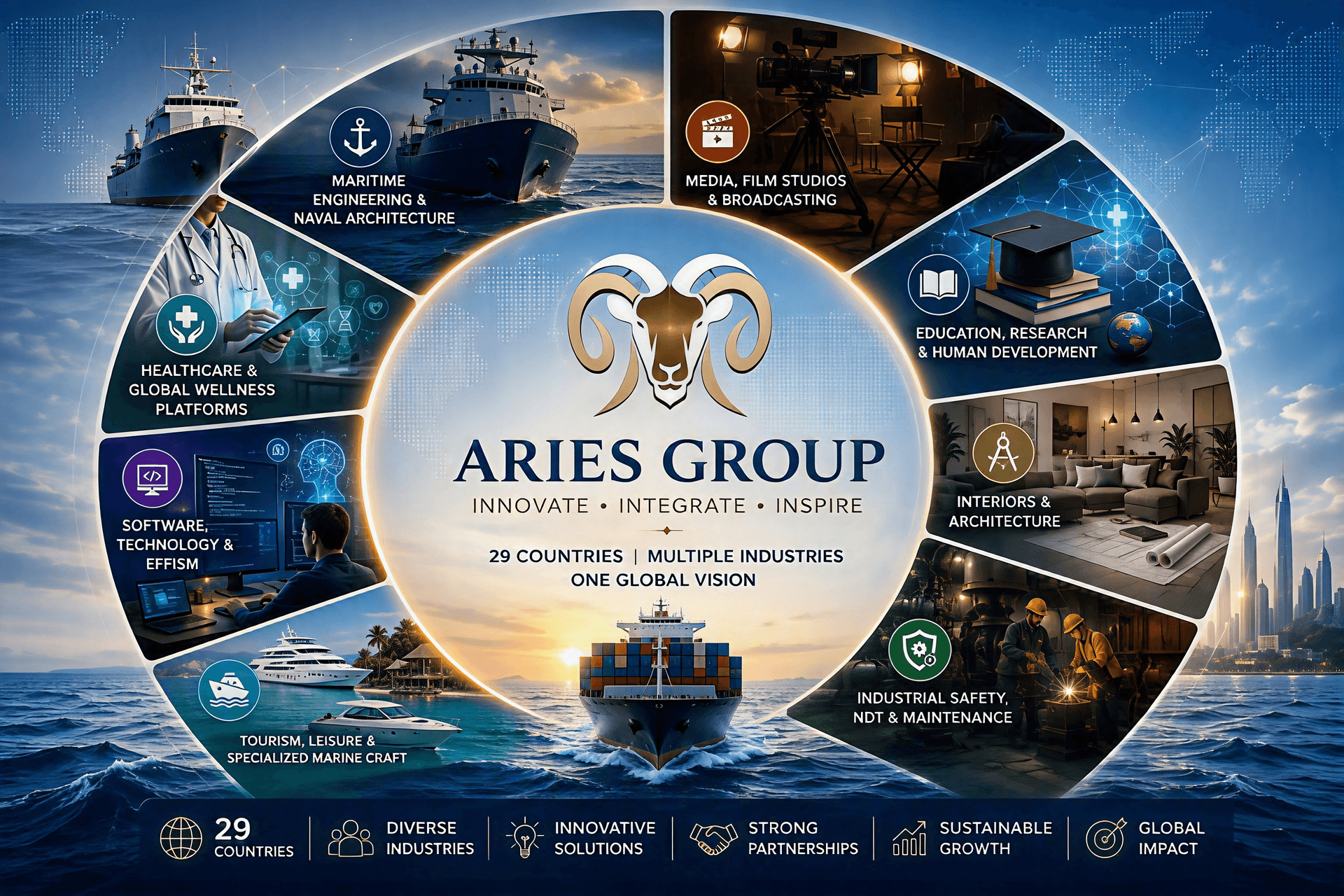 Aries Group - global presence across maritime, media, healthcare, education, technology, interiors, tourism, and industrial safety